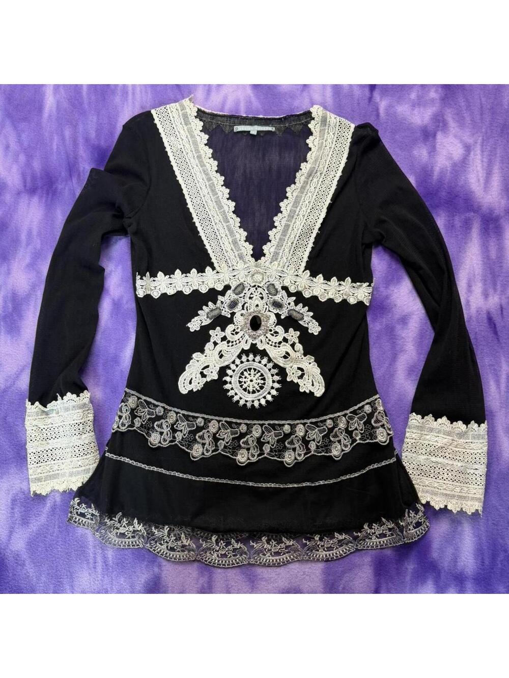 Black mesh long sleeve top with white lace and beading details